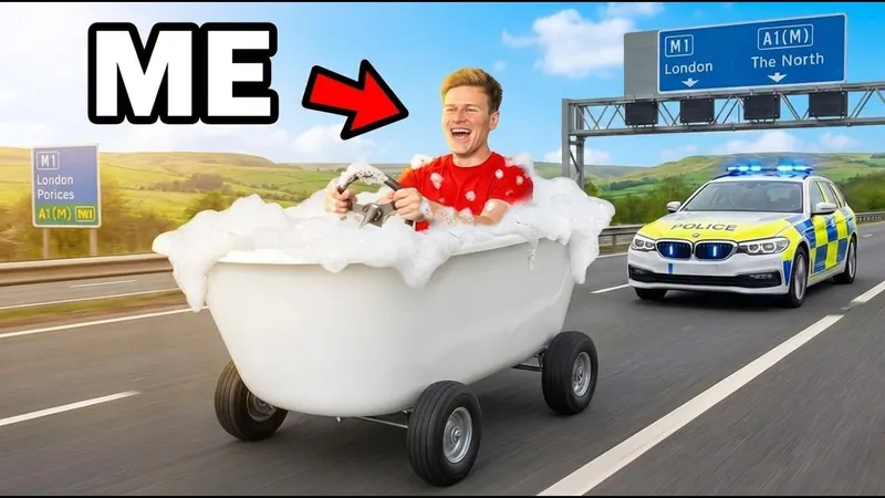 Will in a bubble-filled bathtub on wheels, driving along a motorway with a police car behind.
