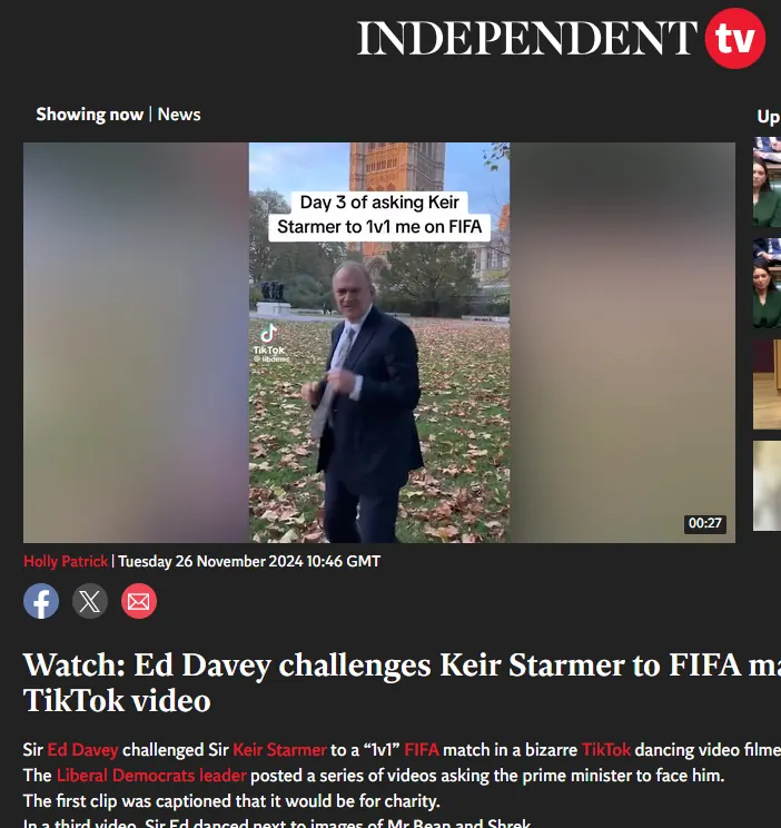 The Independent: Watch: Ed Davey challenges Keir Starmer to FIFA match in TikTok video.