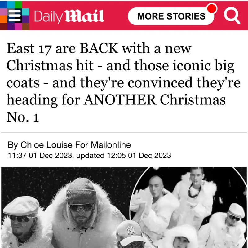 MailOnline story: East 17 are back with a new Christmas hit.
