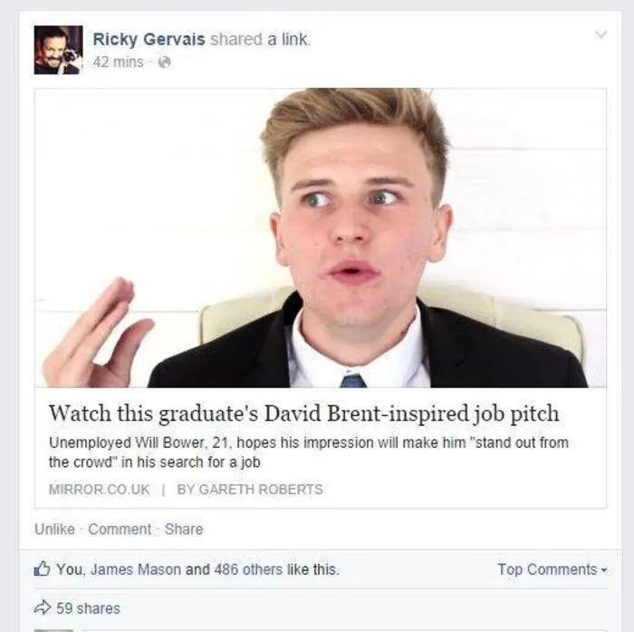 Ricky Gervais's Facebook post sharing the RecruitWill video.