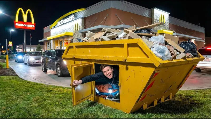 Will peering out of the fake skip outside a McDonald's.