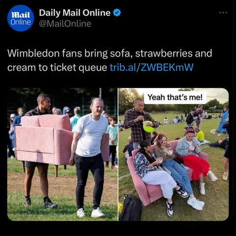 MailOnline: Wimbledon fans bring sofa, strawberries and cream to ticket queue
