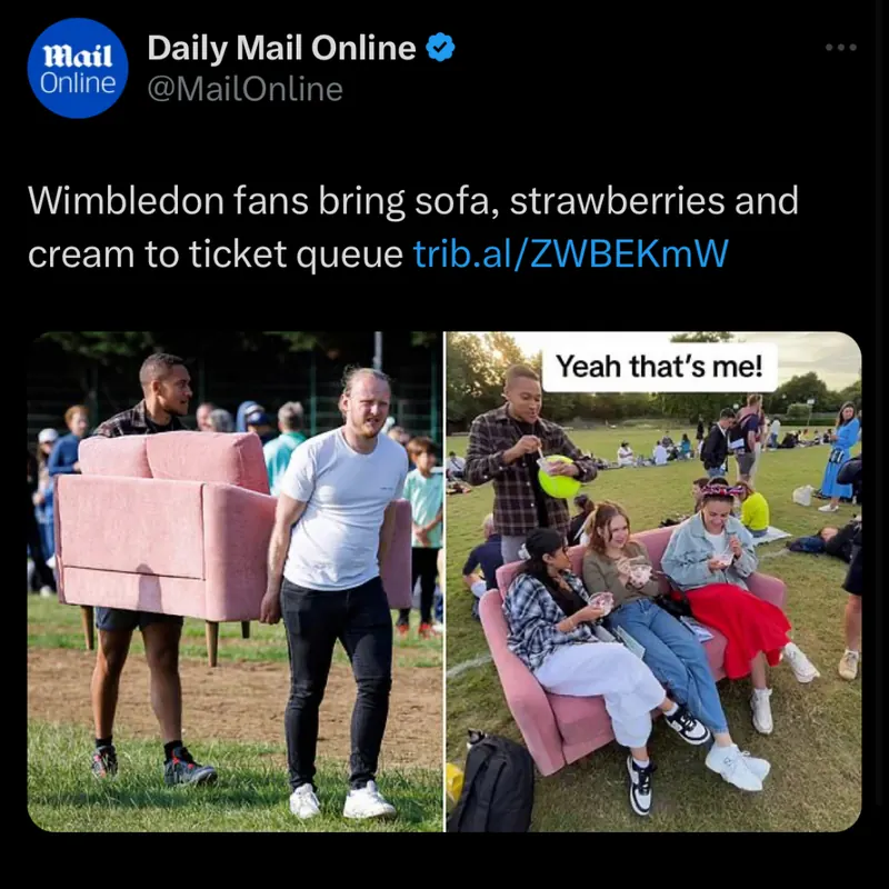 MailOnline's post: Wimbledon fans bring sofa, strawberries and cream to ticket queue.