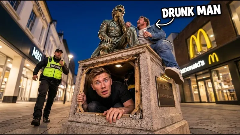 Will peering out from the base of a fake statue in a town centre at night.