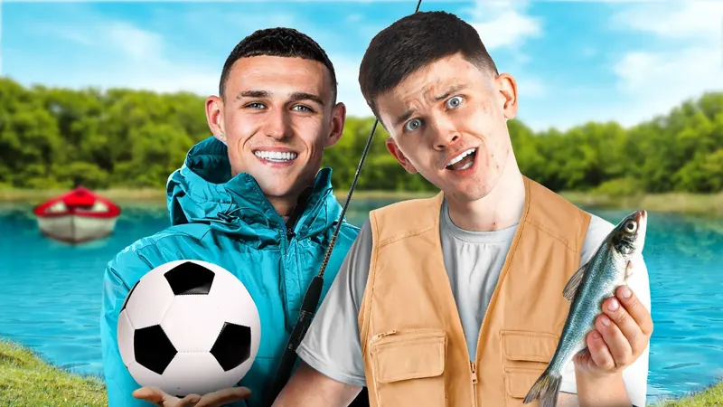 Thumbnail for Fishing with Phil Foden: Phil Foden with a football and StillRyan holding a fish by a lake.