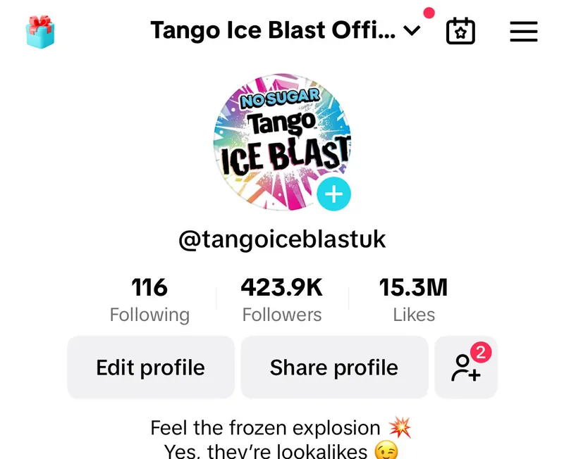 The Tango Ice Blast TikTok profile showing 423.9K followers and 15.3M likes.